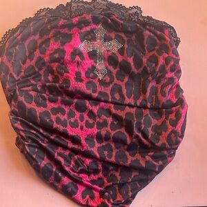 ROMWE Pink and Black Leopard tube top with Rhinestone Cross